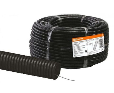 Труба гофрированная TDM Electric / ТДМ Электрик ПНД легкая с зондом для прокладки кабеля, полиэтилен, черная, 1м, диаметр 20мм, SQ0413-0002 / гофра (комплект из 100 м)