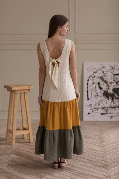 Платье льняное Градиент макси с воланами, молоко/горчица/олива