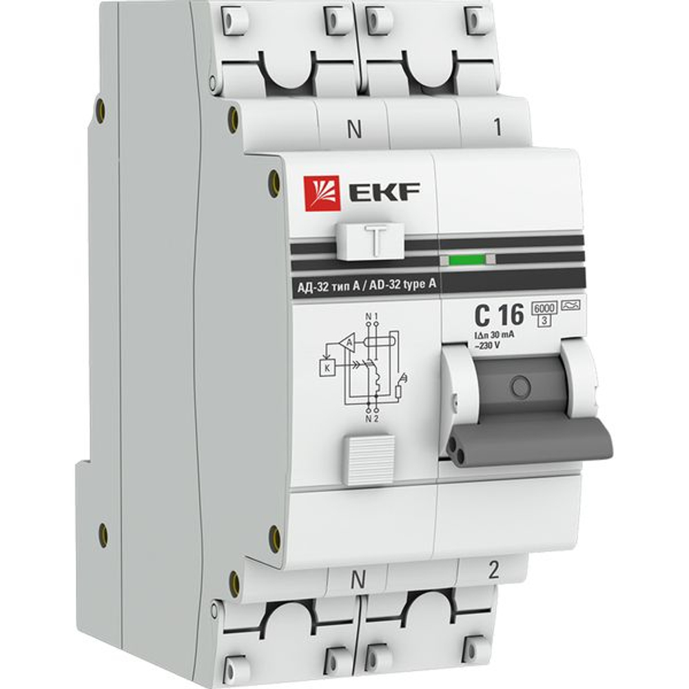 Автоматический выключатель дифференциального тока АД-32 1P+N 16А характеристика C 30мА тип A электронный 6кА PROXIMA EKF