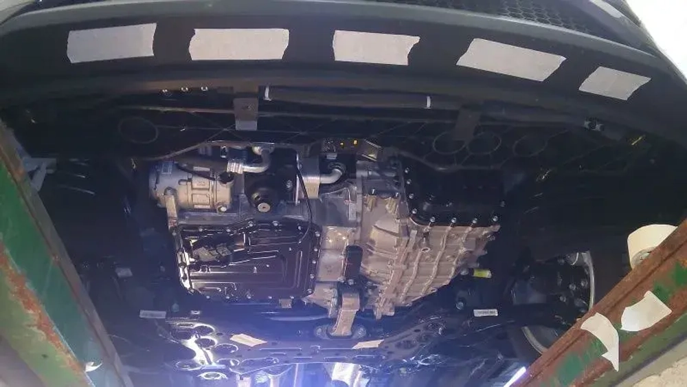 Защита картера двигателя, КПП (2 мм, сталь) для Hyundai Tucson 2018-2021 (V = 1.6 AT AWD; 2.0d AT AWD; 2.0 AT AWD; 2.0 AT FWD), Kia Sportage 2018-2022 (V = 2.4 AT; 2.0 CRDi AT) Sheriff.10.4041