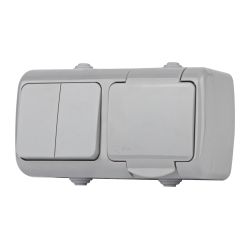 Блок розетка с выключателем Intro Atlantic 5-701-03 одноклавишным 2P+E 10-16А-250В гориз. открытой установки IP54 серый | Intro