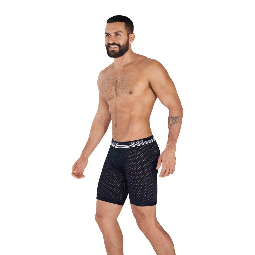 Мужские трусы боксеры удлиненные черные в сетку Clever Moda PROCESS LONG BOXER 036511