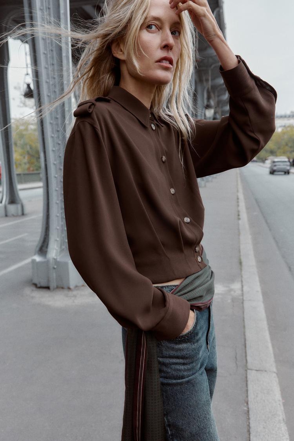 ZARA РУБАШКА С ХЛЯСТИКАМИ НА ПЛЕЧАХ, КОРИЧНЕВЫЙ