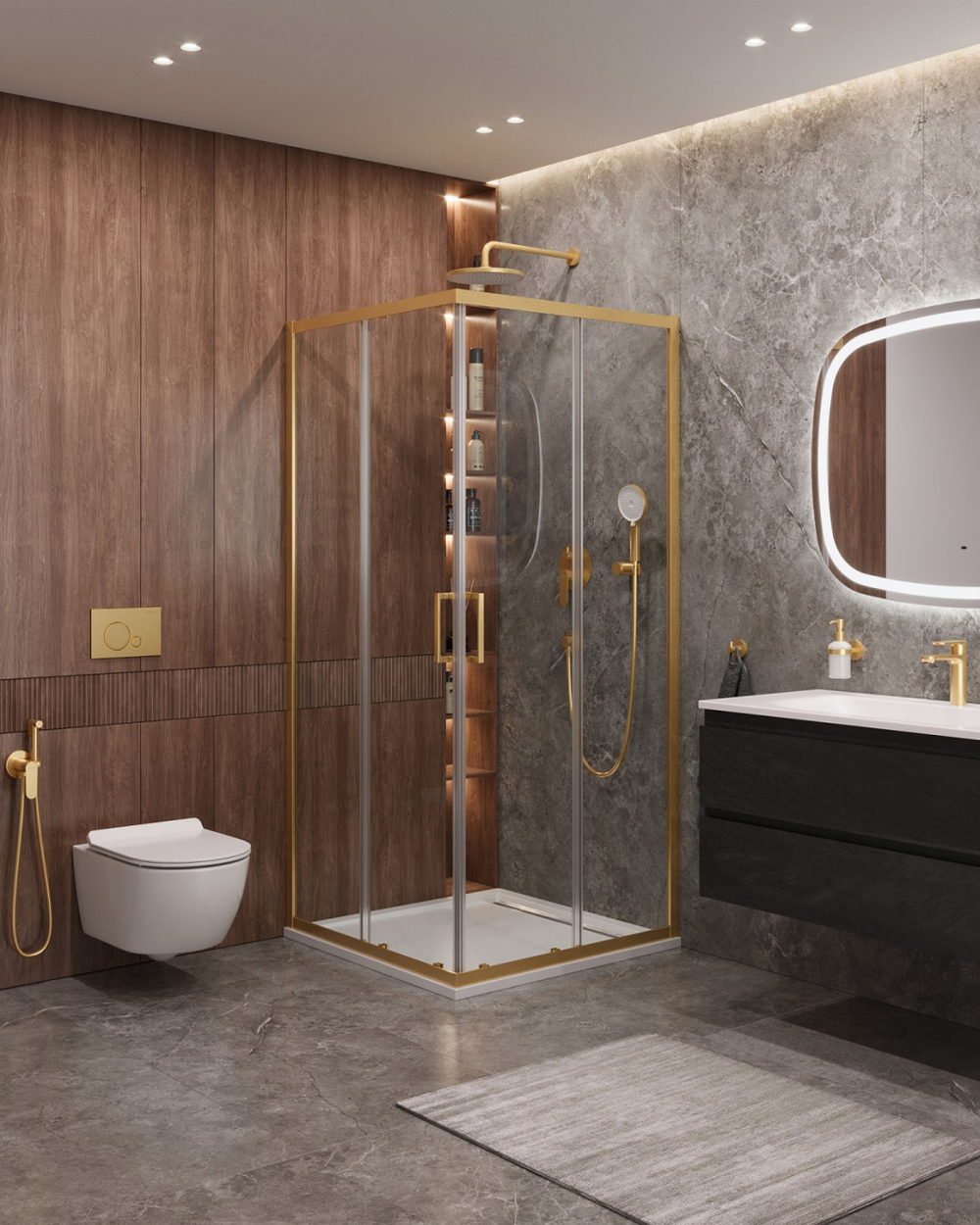 Душевой уголок Cezares MOLVENO-A-2-100-C-BORO-IV, 100х100х195, профиль брашированное золото, прозрачное стекло