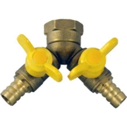 Кран шаровой двойной вход гайка 1/2" два выхода под шланг 10мм.