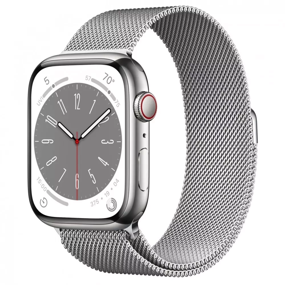 Apple Watch Series 8, 41мм, из стали серебристого цвета, миланский сетчатый браслет