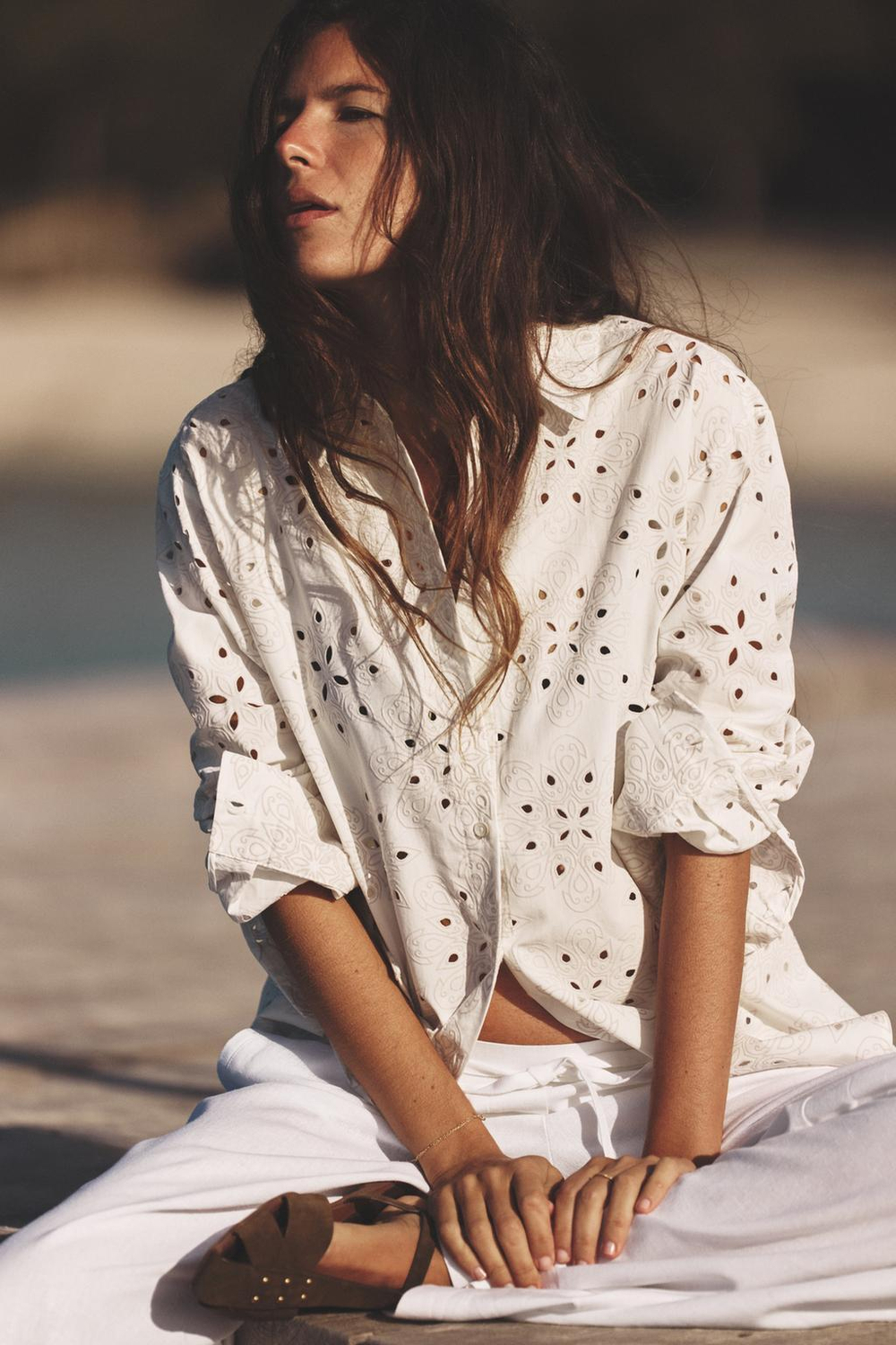 ZARA РУБАШКА С АЖУРНОЙ ВЫШИВКОЙ, ЭКРЮ/БЕЖЕВЫЙ