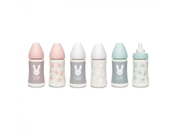 Бутылочка Suavinex Hugge Baby с круглой силиконовой соской, 3 позиции, 270 мл Розовая