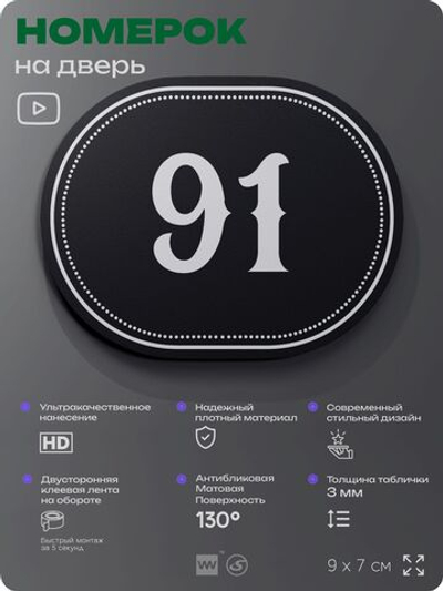 Номерок на дверь квартиры 91, для кабинета, офиса, шильдик 9 х 7 см, черный, Айдентика Технолоджи