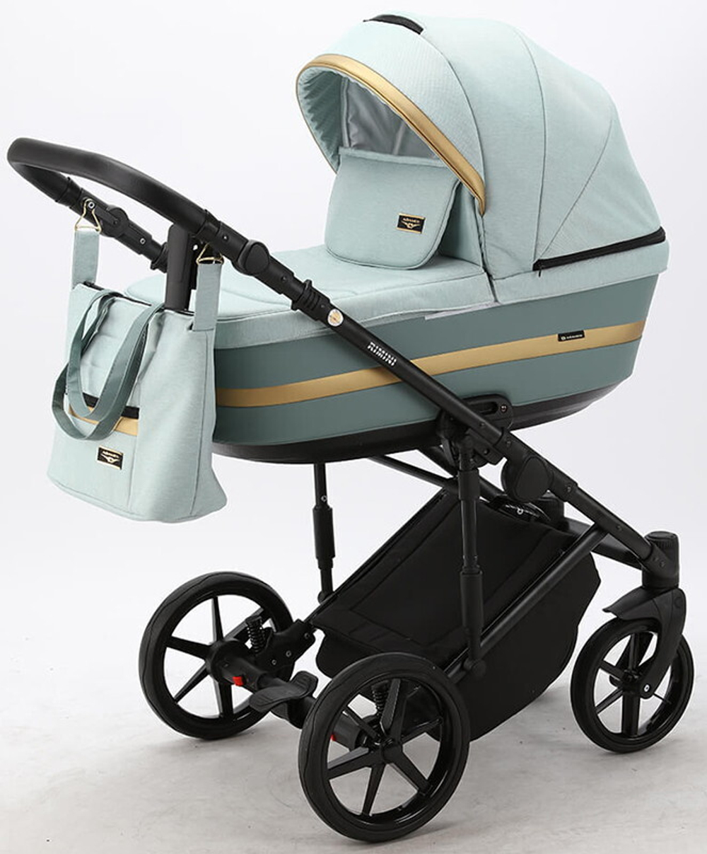 Детская коляска Adamex Rimini 2 в 1 RI22-TIP СЕРО-ЗЕЛЕН+СЕРО-ЗЕЛЕН.КОЖА+ЗОЛОТО ОТДЕЛКА