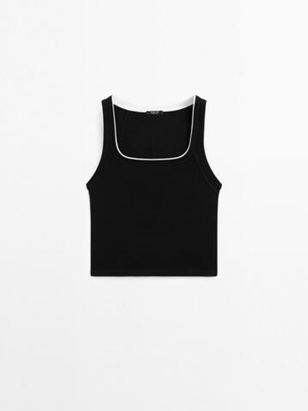 Massimo Dutti Футболка из хлопка в рубчик, черный