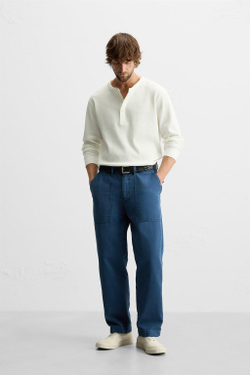 ZARA ФУТБОЛКА ИЗ РЕЛЬЕФНОЙ ТКАНИ С ВОРОТНИКОМ И ПУГОВИЦАМИ, ЖЕЛТОВАТО-БЕЛЫЙ