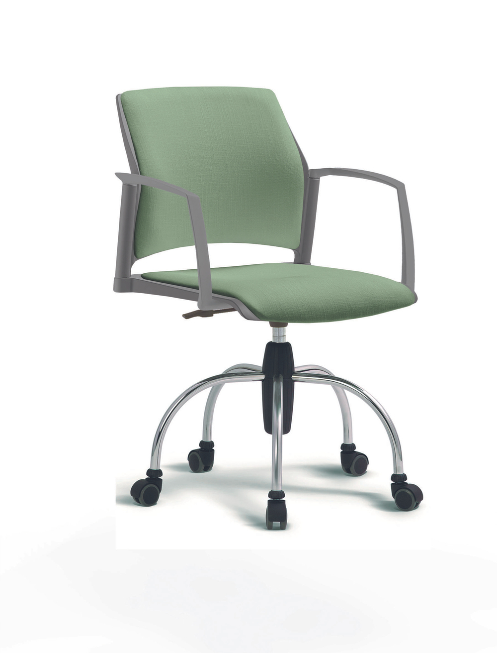 Кресло Rewind каркас хромированный, пластик серый, база паук хромированная, с закрытыми подлокотниками, сидение и спинка бледно-зеленое