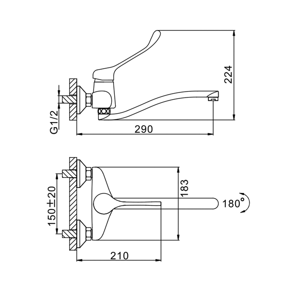 Смеситель настенный 40к F4654 FRAP МЕДИЦИНСКИЙ (S-излив, хром, латунь)