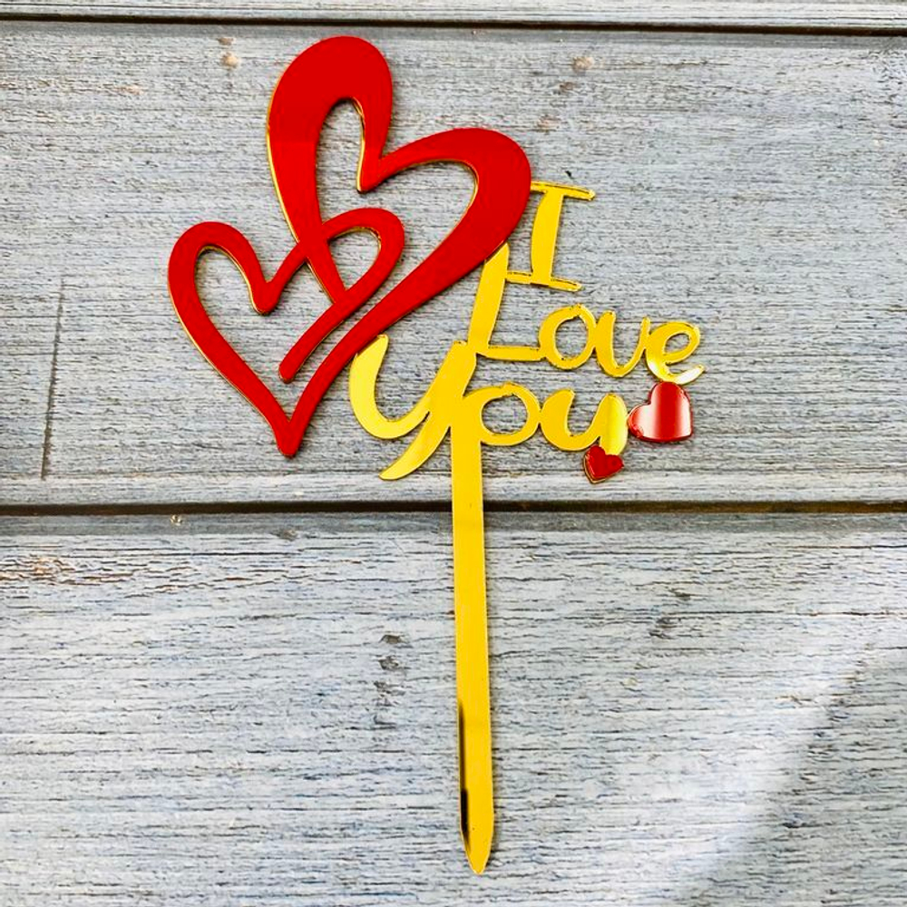 Топпер надпись «I Love You» золотой, с красными сердцами