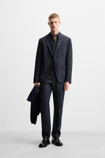 ZARA КОСТЮМНЫЙ БЛЕЙЗЕР ИЗ 100% ЛЬНА, ТЕМНО-СИНИЙ