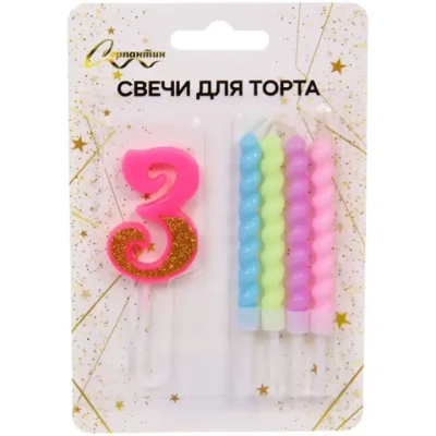 Свеча для торта Цифра Праздник «3» 11 см, 4 свечи