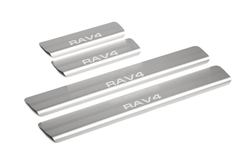 Накладки на пороги AutoMax для Toyota RAV 4 IV поколение (XA40) 2013-2019, нерж. сталь, с надписью, 4 шт., AMTORAV01