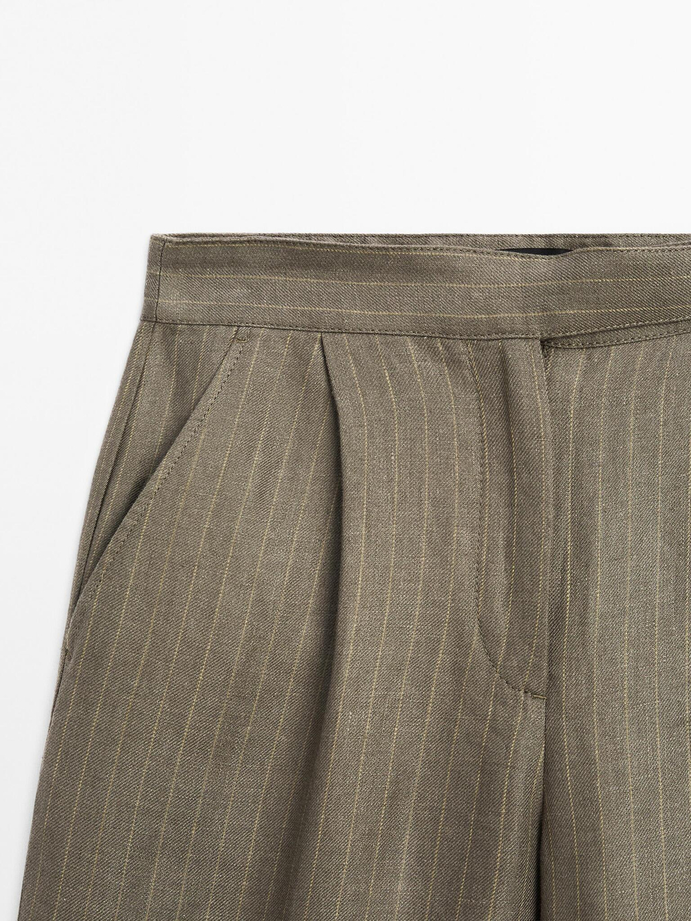 Massimo Dutti Брюки из 100% льна в полоску с пряжкой, серо-зеленый