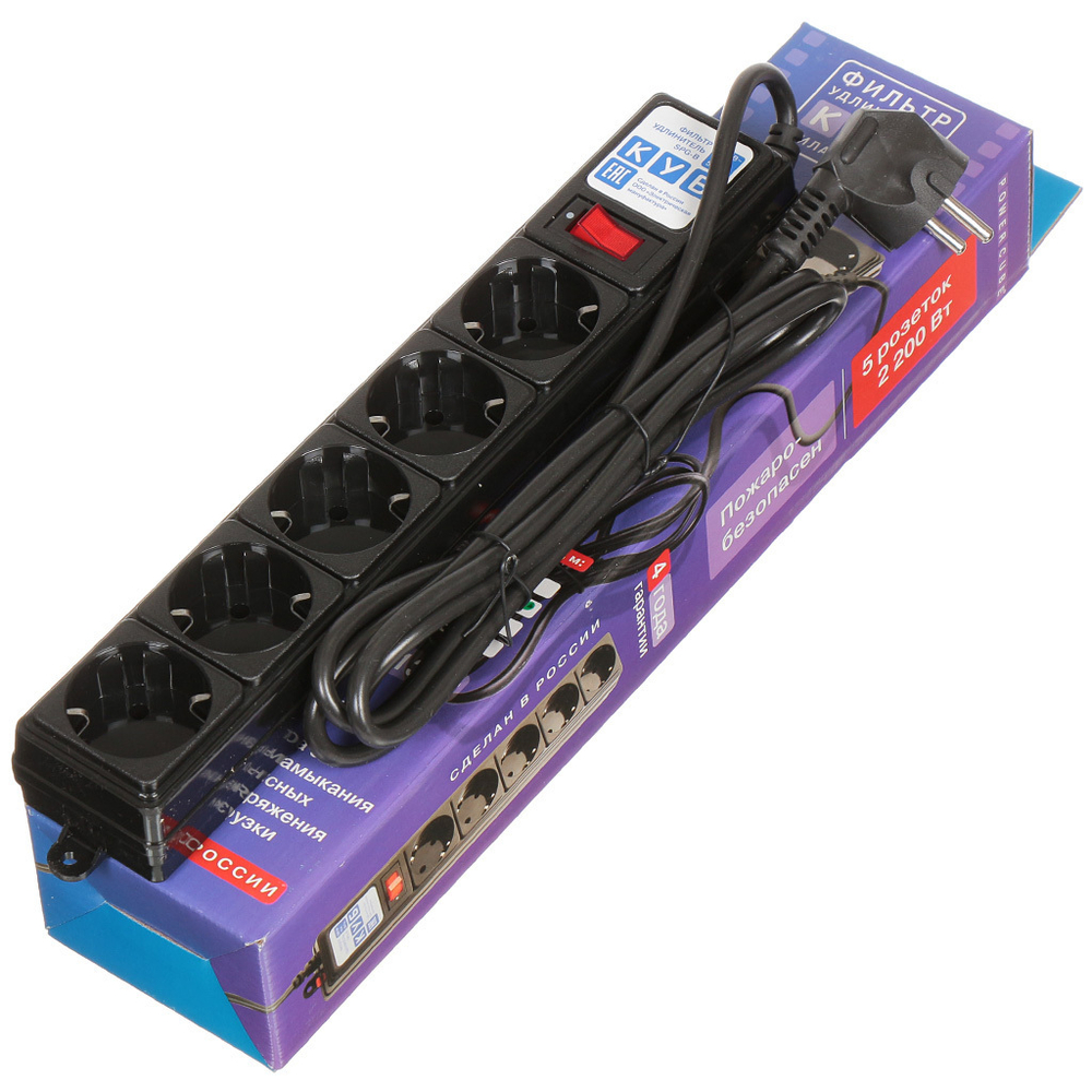 Сетевой фильтр 5 гн, 1.9 м, с/з, 10 А, 2.2 кВт, чер, Power Cube
