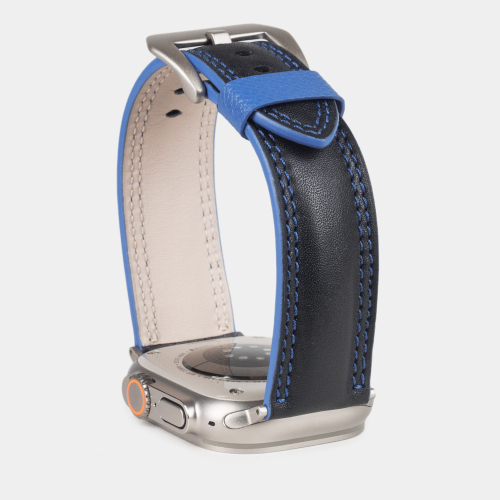 Ремешок для Apple Watch Ultra 49mm из кожи теленка черного цвета с синей строчкой