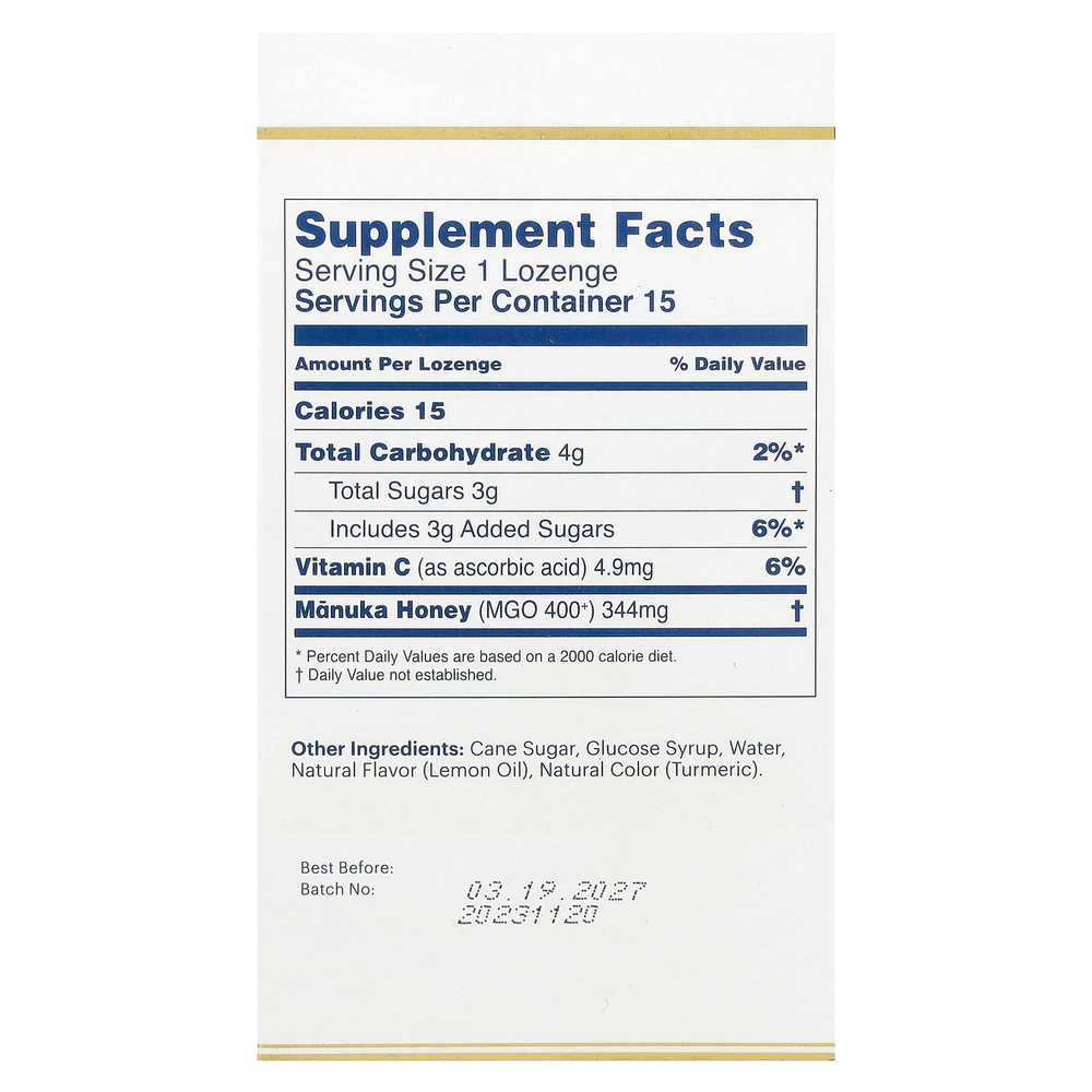 Manuka Health, леденцы с медом манука, натуральный лимон, MGO 400+, 15 леденцов
