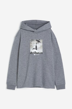 H&M Толстовка с принтом и капюшоном, серый с меланжевым эффектом