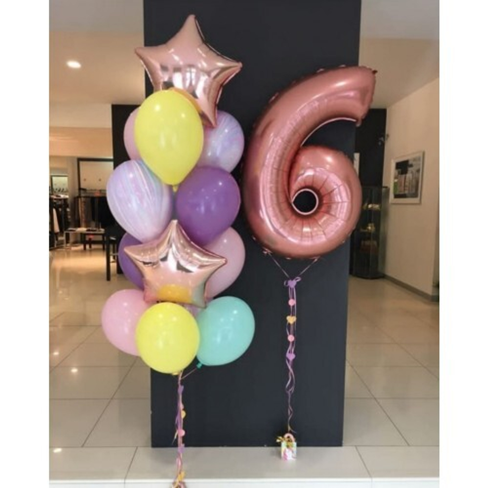 Облако шаров на 6 лет с цифрой Розовое Золото Победа