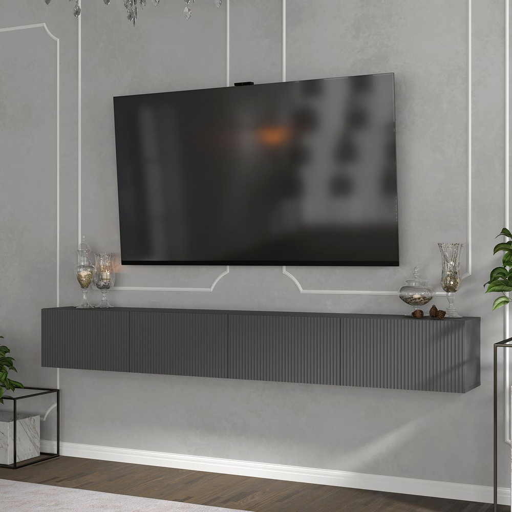 Подвесная тумба под ТВ 240 см белая матовая, МДФ, 4 откидных ящика, минимализм