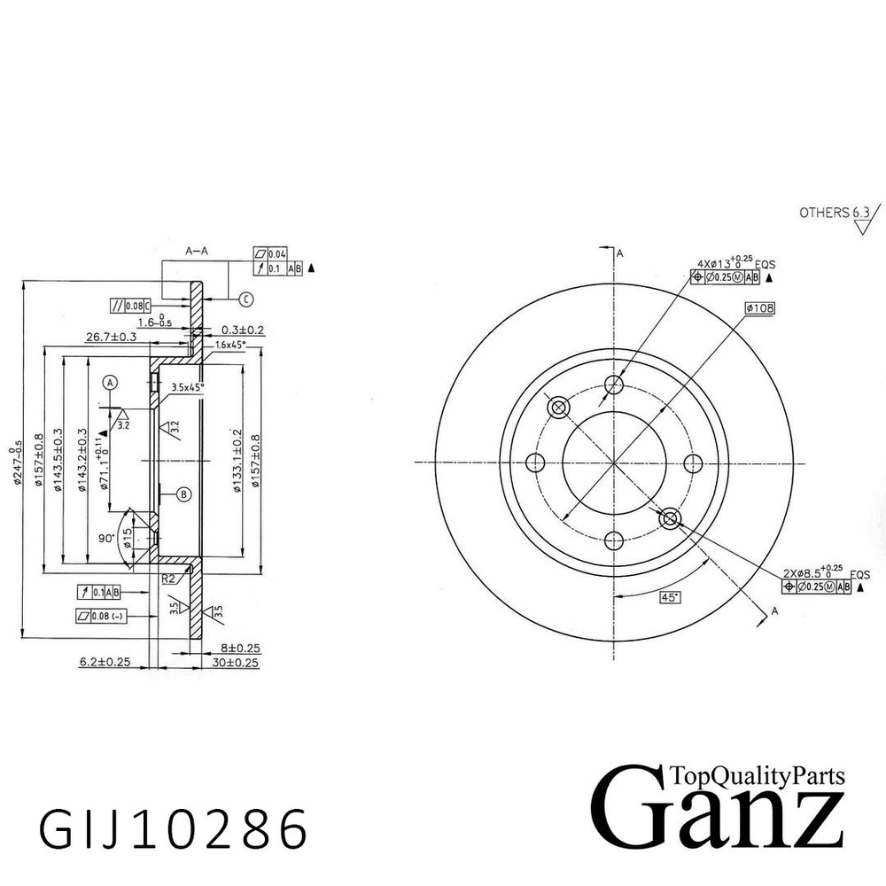 Диск тормозной задний с покрытием H30 Cross-S30 1.6л. 117 л.с. 2014-2018 год GANZ GIJ10286