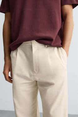 ZARA БРЮКИ ИЗ ХЛОПКА И ЛЬНА СО СКЛАДКАМИ, СВЕТЛО-БЕЖЕВЫЙ