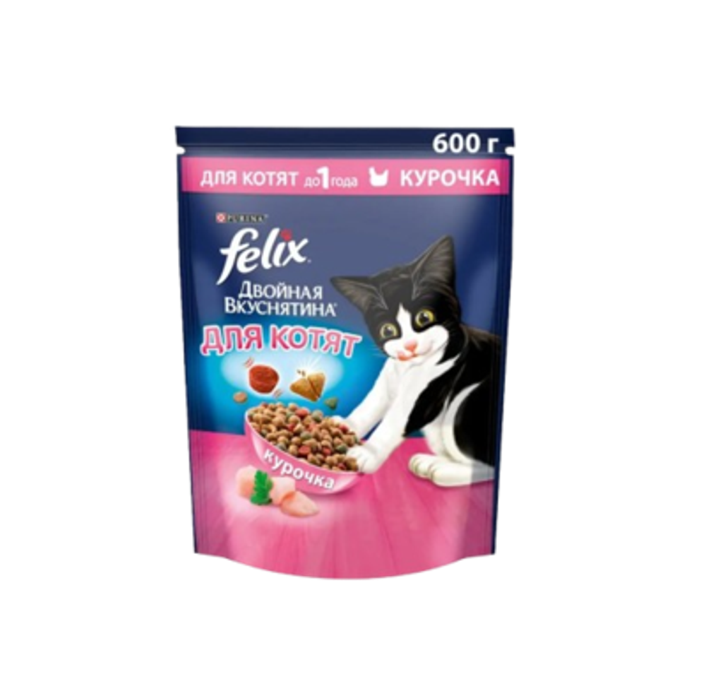 Корм сухой Felix Двойная вкуснятина, д/котят, курочка, 600 г
