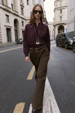 ZARA СВИТЕР С ВОРОТНИКОМ ПОЛО И КАРМАНОМ, БОРДОВЫЙ