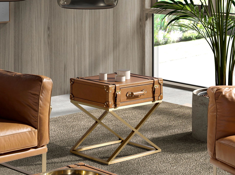 Прямоугольный угловой столик из кожи и золотистой стали 2148