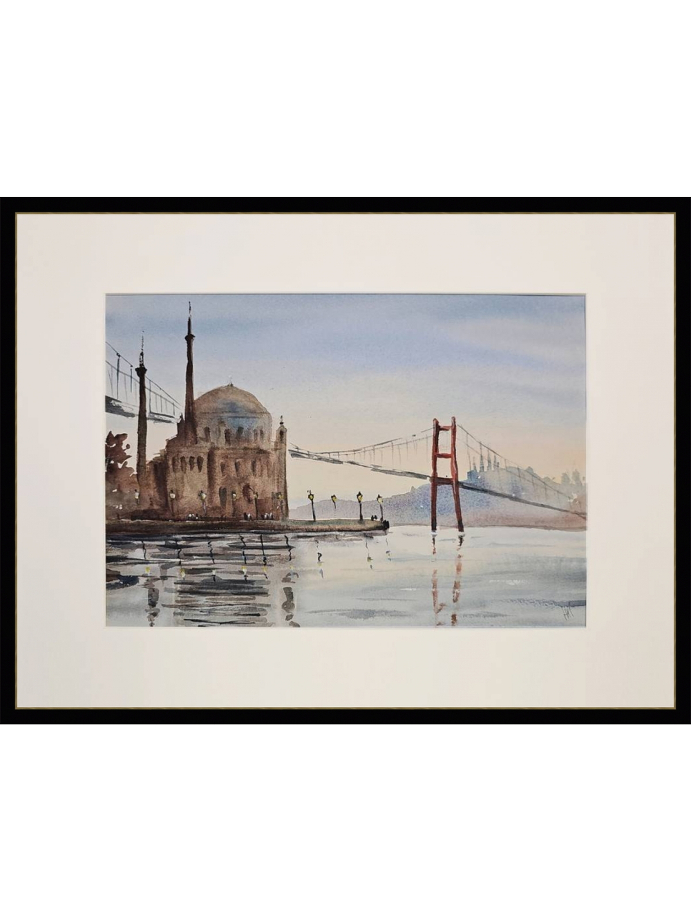 Картина авторская акварельная в паспарту 30х40 см на стену для интерьера "Мечеть Ортакей. Стамбул"