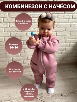 Комбинезон с начесом однотонный пудрово-розовый для новорожденных и детей до 1 года, ALARYSPEOPLE