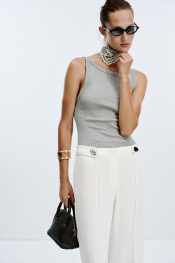 ZARA БРЮКИ СО ШЛЕВКАМИ И КОНТРАСТНОЙ СТРОЧКОЙ, ЖЕЛТОВАТО-БЕЛЫЙ