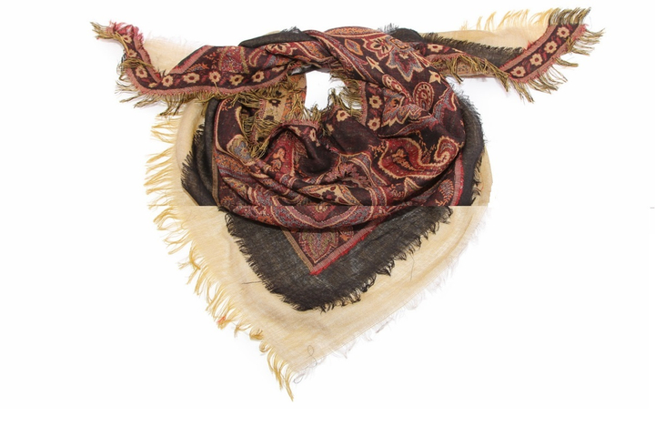 Косынка с бахромой, цветы, горчично-вишневый, шерсть 145 х 95 х 95 см