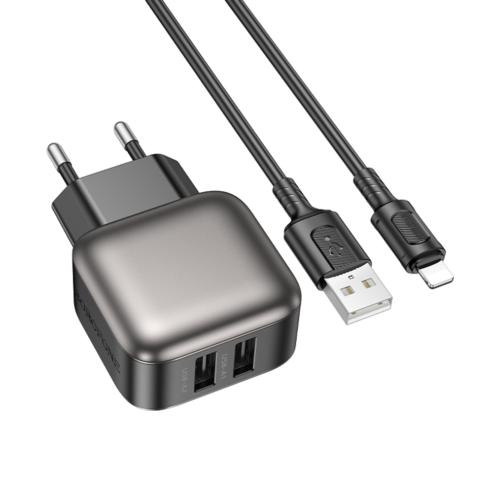 Сетевой адаптер питания BOROFONE BAS51A 2USB 2.4A + кабель Lightning (черный)