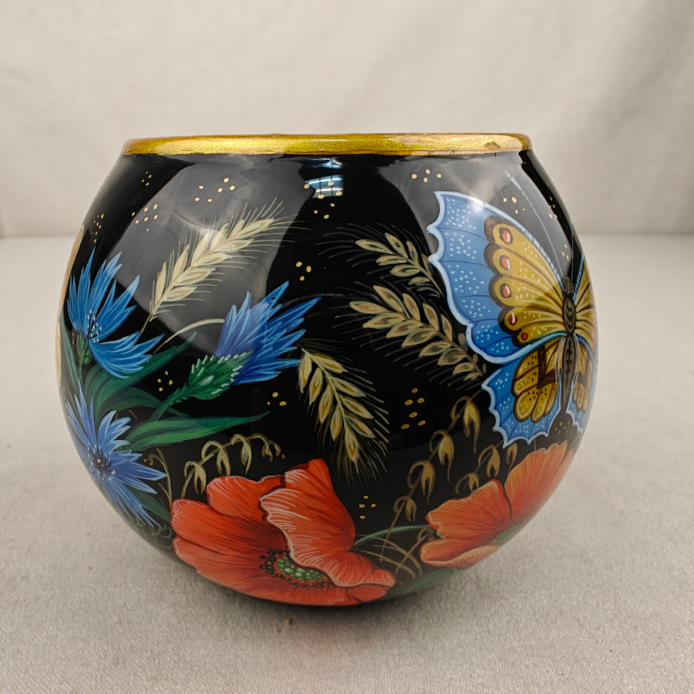 Вазочка с ручной росписью Палех "Маки и полевые цветы"
