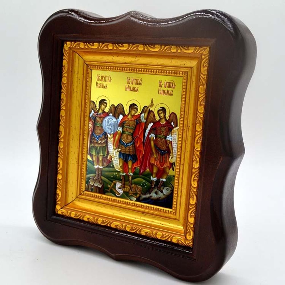 Икона архангелов Михаила, Гавриила и Рафаила на холсте.