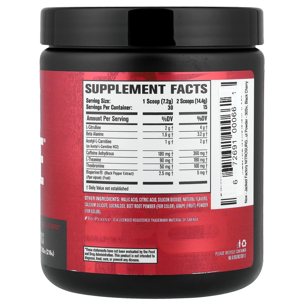 Jacked Factory, Nitro Surge™, Shred термогенный предтренировочный комплекс, со вкусом черешни, 216 г (7,62 унции)