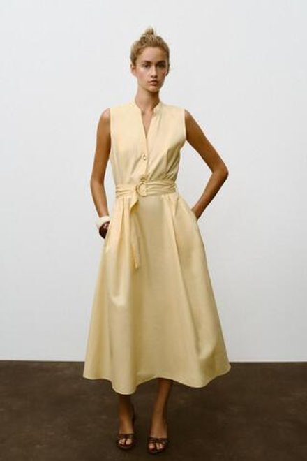 ZARA ПЛАТЬЕ-МИДИ ИЗ ПОПЛИНА С РЕМНЕМ, ЦВЕТ СЛИВОЧНОГО МАСЛА