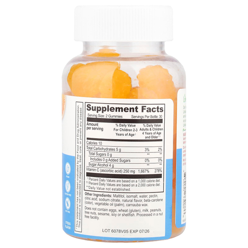 Lifeable, жевательные таблетки с витамином C для детей, без сахара, с цитрусовым вкусом, 60 жевательных таблеток (125 мг в 1 жевательной таблетке)