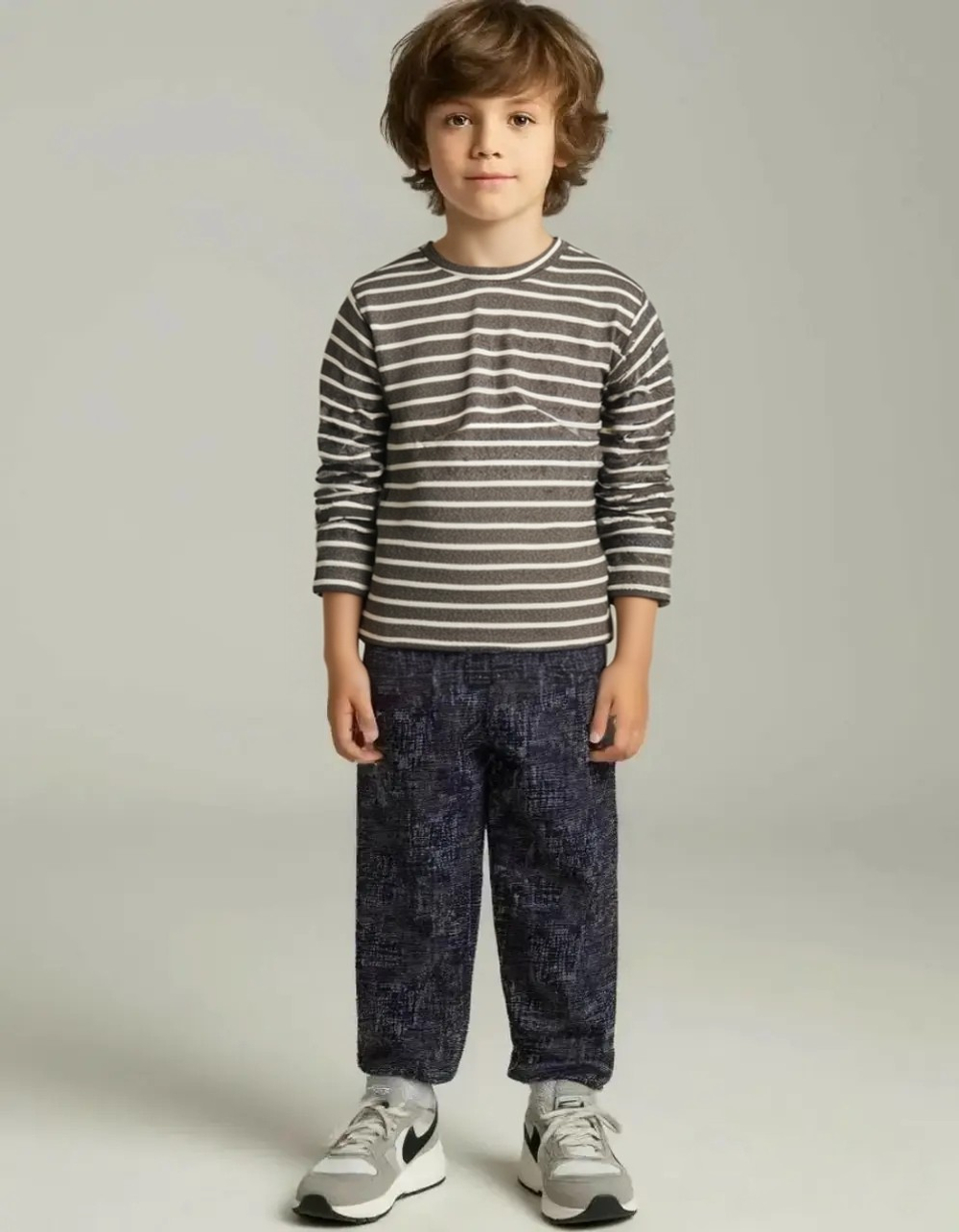 1404 Лонгслив детский пике серо/белая полоска (60-116)