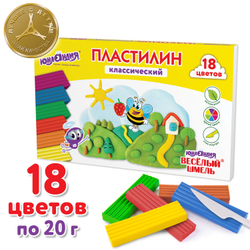 Пластилин классический ЮНЛАНДИЯ "ВЕСЁЛЫЙ ШМЕЛЬ", 18 цветов, 360 грамм, стек, ВЫСШЕЕ КАЧЕСТВО, 106432