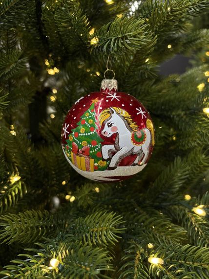 Стеклянный шар Лошадка 90 мм., красный, стекло, Ёлочка (С206/3)
