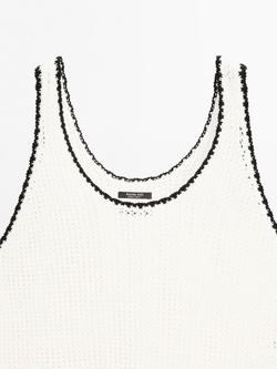 Massimo Dutti Топ из кружева кроше на бретелях из 100% хлопка, натуральный, кремовый