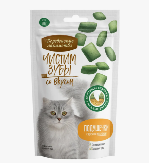 Деревенские Лакомства Чистим зубы Подушечки с кремом из лосося для кошек, 30 гр