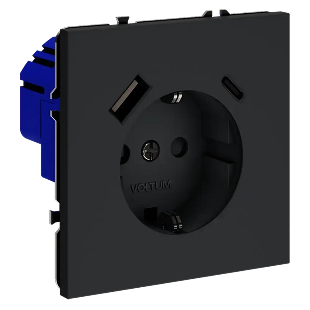 Розетка встраиваемая VOLTUM S70 с заземлением и защитными шторками, 16А, с USB, A+С, (графит)